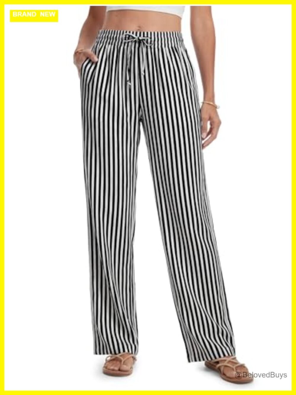 SEVEGO Tall Women's Striped Linen Wide Leg Pants Elastic Waist Summer Beach
